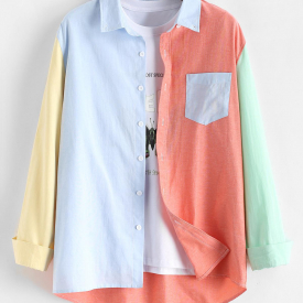 Long Sleeve Contrast Button Up Pocket Shirt Xl