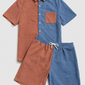 ZAFUL Men’s Color Block Two Tone Pocket Corduroy Shirt and Shorts Set 2xl Blue