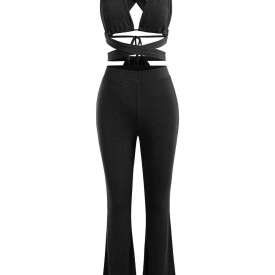 Jersey-knit Midriff Flossing Top and Bootcut Pants Set S Black