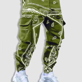 Contrast Paisley Print Cargo Pants L Army green