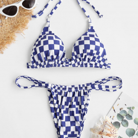 ZAFUL Ribbed Checkerboard Print Halter Bikini Swimwear S Blue