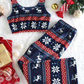 Christmas Snowflake Print Crop Top and Pants Pajamas Set L Deep blue