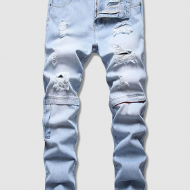 Hidden Zipper Ripped Light Wash Jeans 30 Light blue