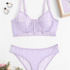 Leopard Lace Underwire Bra Set M Light purple