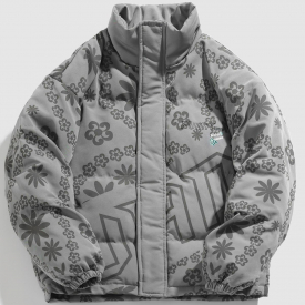 Flower Print Padded Coat L Gray