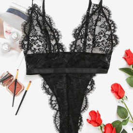 Plunge Sheer Lace High Cut Teddy S Black