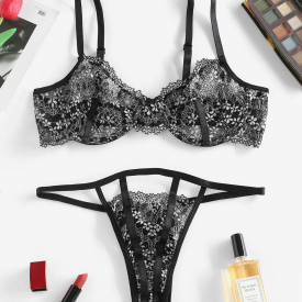 Underwire Metallic Lace Lingerie Set White