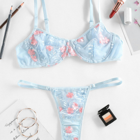 Underwire Embroidered Lingerie Bra Set M Light blue