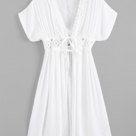 Women Beach Crochet Insert Tie Front Batwing Sleeve Cover Up White