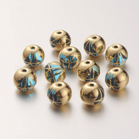 K9 Glass Beads, Covered with Brass, Round with Diamond Pattern, Real 22K Gold Plated, DeepSkyBlue, 10.2×9.2mm, Hole: 1.5mm