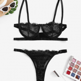 Lace Underwire Caged Lingerie Set S Black