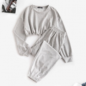Crop Sweatshirt and Joggers Tracksuit L Gray