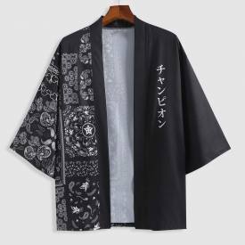 ZAFUL Men’s Letter and Graphic Print Loose Kimono Xl Black