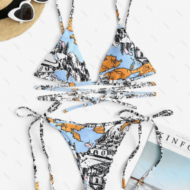 ZAFUL Criss Cross Wrap Tie Side Landscape Print Bikini Swimwear L Light blue