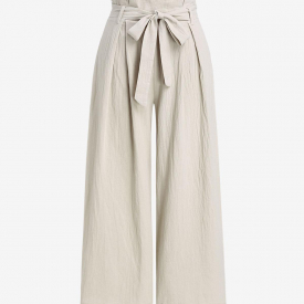 High Waist Belted Solid Color Wide Leg Pants S Light coffee