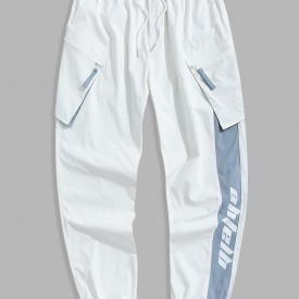 ZAFUL Men’s Zipper Pocket Design Letter Printed Cargo Jogger Pants L White