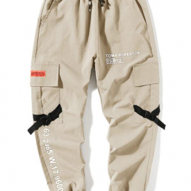 ZAFUL Men’s Letter Print Flap Pockets Cargo Jogger Techwear Pants L Apricot