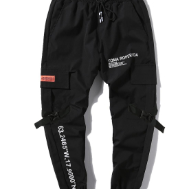 Letter Print Flap Pockets Cargo Jogger Techwear Pants S Black