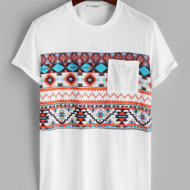 ZAFUL Men’s Aztec Graphic Printed Front Pocket T-shirt S White