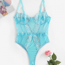 Flower Lace Bowknot Choker High Leg Lingerie Teddy S Light blue