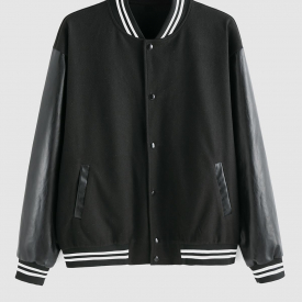 ZAFUL Men’s ZAFUL Faux Leather Sleeves Button Fly Bomber Jacket M Black