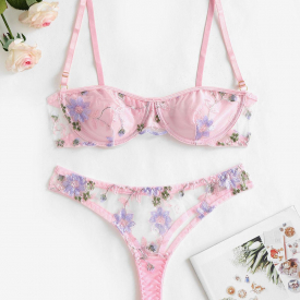 Floral Embroidered Sheer Mesh Sexy Underwire See through None Pads Three Quarters Unlined Lingerie Set with Adjusted-straps M Light pink