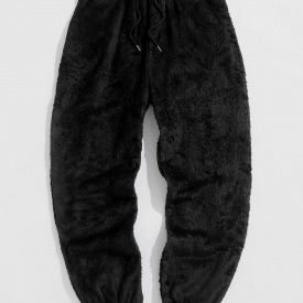 ZAFUL Men’s Solid Color Fluffy Teddy Beam Feet Pants Xl Black