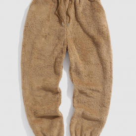 ZAFUL Men’s Solid Color Fluffy Teddy Beam Feet Pants M Coffee