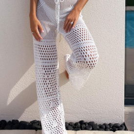 Women Beach Boho Crochet Knit Drawstring Cover Up Pants L White