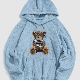 ZAFUL Men’s Bear Terry Embroidered Pullover Fluffy Teddy Hoodie Xl Light blue