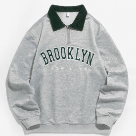 ZAFUL Men’s ZAFUL BROOKLYN NEW YORK Half Zip Corduroy Sweatshirt L Light gray