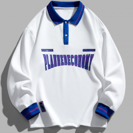 ZAFUL Men’s Blokecore Letter Graphic Stripes Panel Polo Sweatshirt Xl White