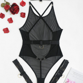 Choker Belted See Thru T Back Lingerie Teddy with Leg Rings M Black