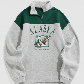 ZAFUL Men’s Streetwear Vintage ALASKA Graphic Eagle Printed Colorblock Fleece Quarter Zip Sweatshirt Xxl Light gray