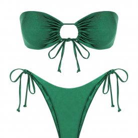 ZAFUL Cinched Tie Side Silky Bandeau Bikini Swimwear S Deep green