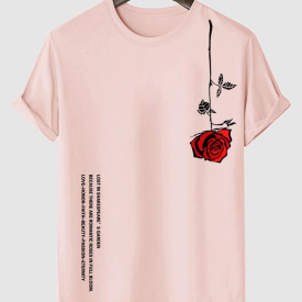 ZAFUL Men’s Letter Rose Graphic Printed Short Sleeve T-shirt L Light pink