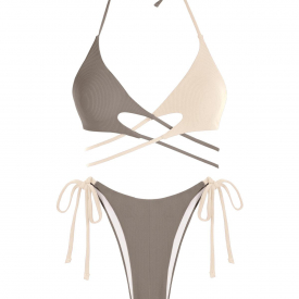 ZAFUL Ribbed Cross Two Tone Tie Bikini Swimwear S Deep coffee