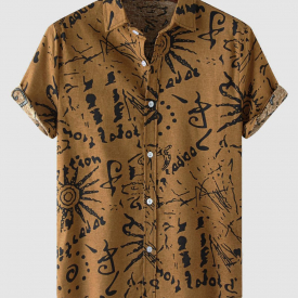 ZAFUL Men’s Tribal Ethnic Graffiti Pattern Short Sleeves Shirt L Yellow