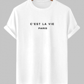 Men’s Short Sleeve Crew Neck C’EST LA VIE PARIS Letter Printed Casual Summer T-shirt M White