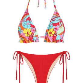 Retro Floral Print Ribbed String Tanga Bikini Set Red