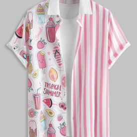 ZAFUL Men’s Striped and Cartoon Ice Cream Graphic Pattern Short Sleeves Shirt Xl Light pink