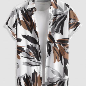 ZAFUL Men’s Color Spliced Printed Button Fly Short Sleeves Shirt Xl White