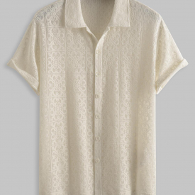 ZAFUL Men’s ZAFUL Sexy Floral Jacquard Lace Sheer Openwork Short Sleeves Shirt Xl White