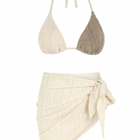 Women Three-Pieces Textured Two Tone Tanga Bikini Set With Sarong Skirt Coffee