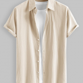 ZAFUL Men’s Men’s Cotton And Linen Textured Asymmetric Hem Summer Comfortable Casual Short Sleeves Shirt L Light coffee