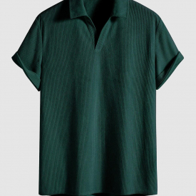 ZAFUL Men’s V Neck Collared Corduroy Solid Color Short Sleeves Plain Popover Shirt L Deep green
