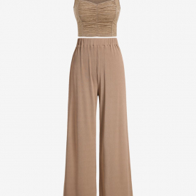 Women’s Daily Casual Two Piece Set Ruched Heathered Crop Tank Top with Ribbed High Waisted Wide Leg Pull On Pants Set Light coffee