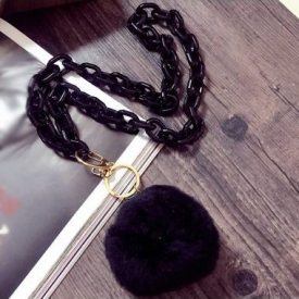 Black Furry Ball Decorated Mirror Pendant Sweater Necklace