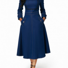 Long Sleeve Denim Blue Pocket Dress