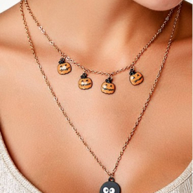 Pumpkin and Ghost Pendant Halloween Layered Chain Necklace